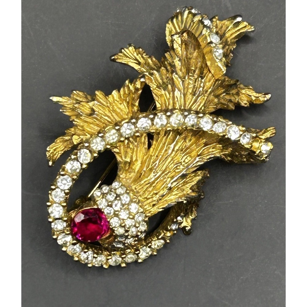 Hattie Carnegie Mid-Century Statement Brooch Spiral Rhinestone Pink Stone